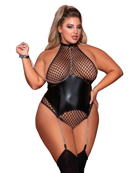 Body grande taille large résille et porte jarretelle simili cuir avec chainettes 