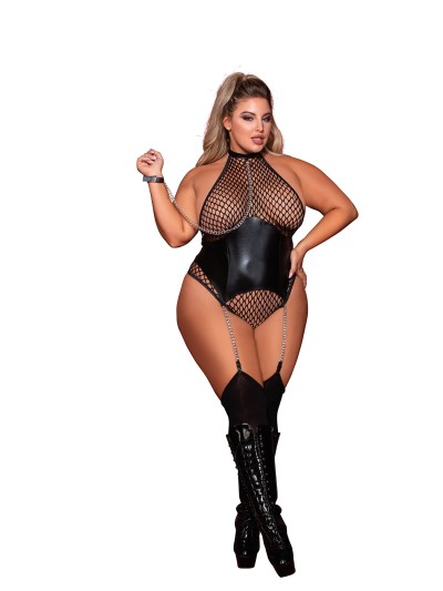 Body grande taille large résille et porte jarretelle simili cuir avec chainettes 