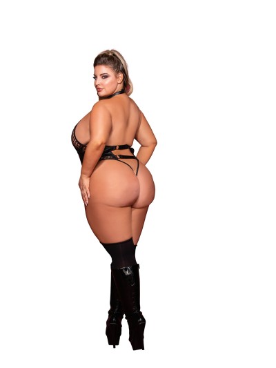 Body grande taille large résille et porte jarretelle simili cuir avec chainettes 