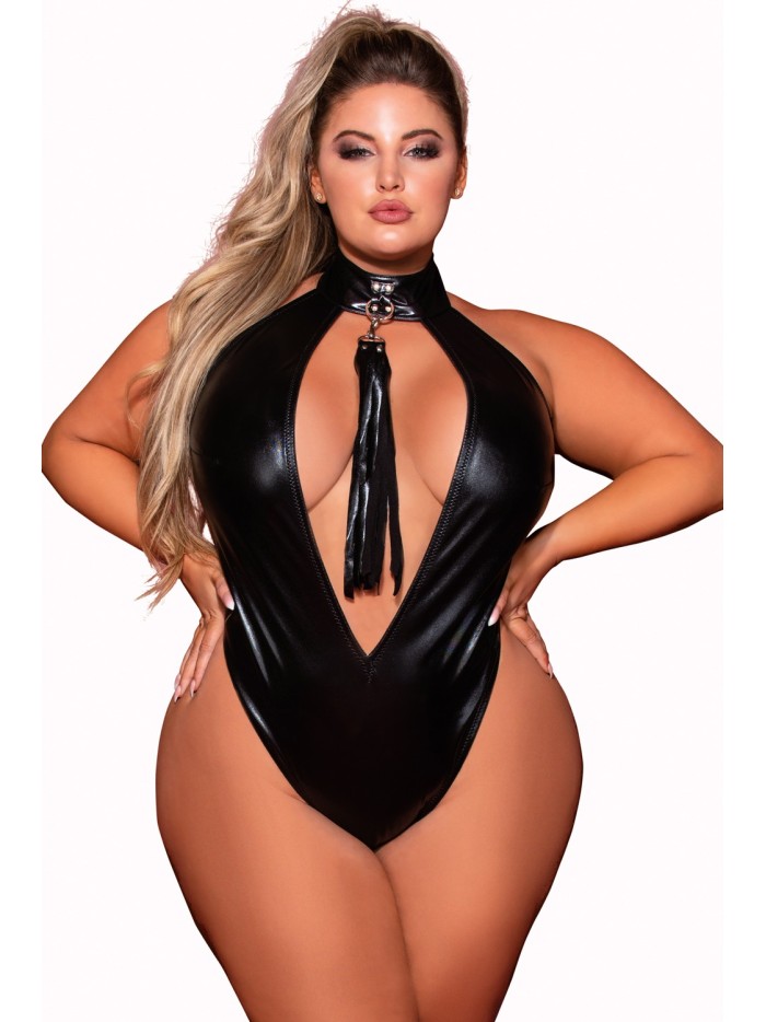 Body en simili cuir grande taille, extensible avec col clouté et fouet 