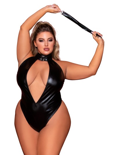 Body en simili cuir grande taille, extensible avec col clouté et fouet 