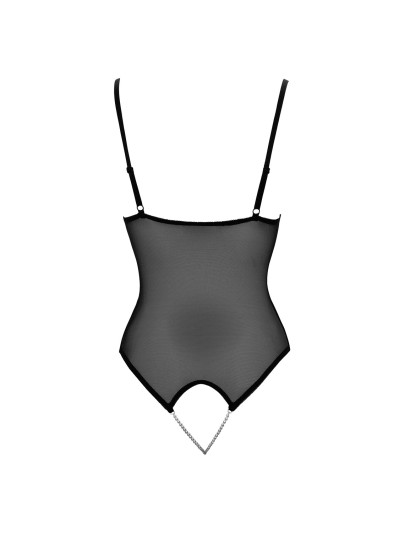 Body string en dentelle et résille noire avec perles à l'entrejambe 