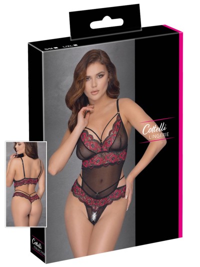 Body string en dentelle florale bicolore et résille 