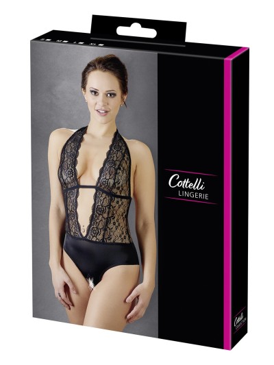 Body en dentelle noire, ouvert à l'entrejambe 