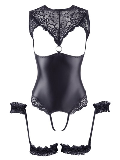 Body en dentelle et simili cuir ouvert avec menottes 