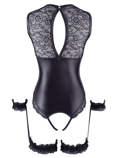 Body en dentelle et simili cuir ouvert avec menottes 