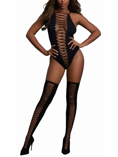 Body opaque avec croisillons et bas assortis 