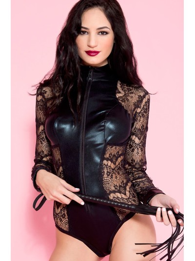Body noir dentelle à manches longues empiècements devant derrière wetlook 