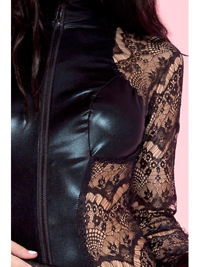 Body noir dentelle à manches longues empiècements devant derrière wetlook 