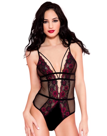 Body noir résille sexy bordures dentelle fleurie et ornements 
