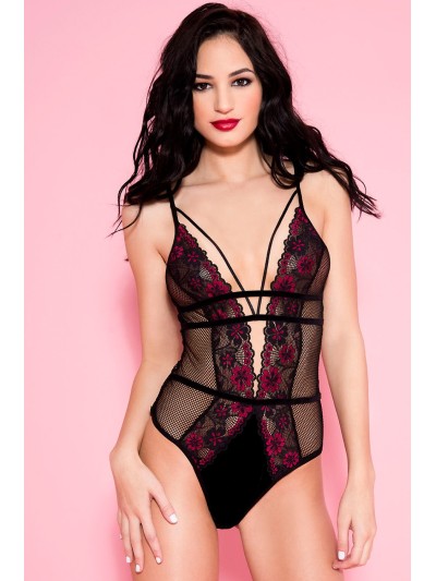 Body noir résille sexy bordures dentelle fleurie et ornements 