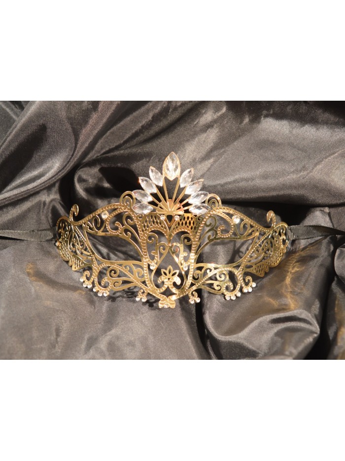 Masque vénitien Gemma rigide doré avec strass 