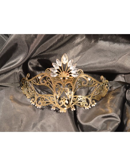 Masque vénitien Gemma rigide doré avec strass 