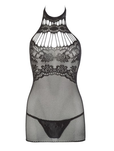 Petite robe en résille noire, sans couture, avec dentelle sur la poitrine. String assorti 