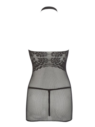 Petite robe en résille noire, sans couture, avec dentelle sur la poitrine. String assorti 