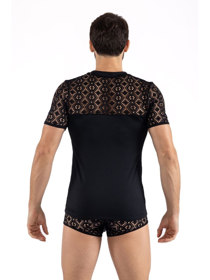 T-shirt noir résille brodée Shinny 