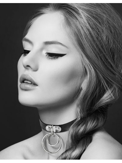 Collier en cuir noir SM avec double anneau métal argenté pour laisse 