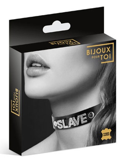 Collier en cuir noir SM avec Slave en strass 
