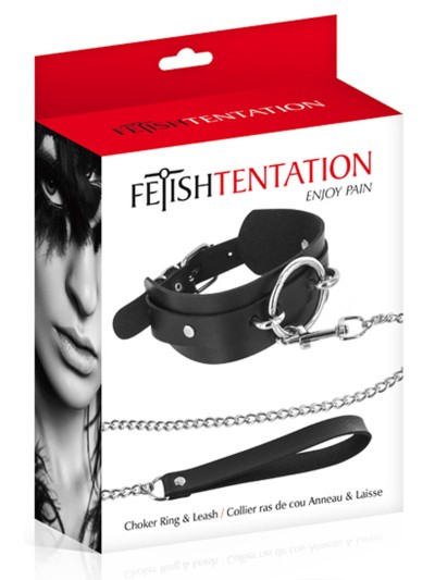 Collier fétichiste large anneau métal et laisse 