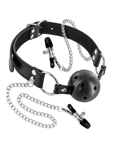 Baillon boule à trous avec pinces à seins 