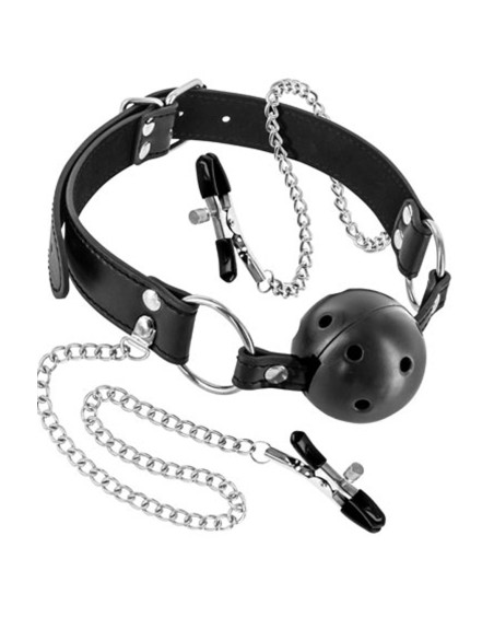 Baillon boule à trous avec pinces à seins 