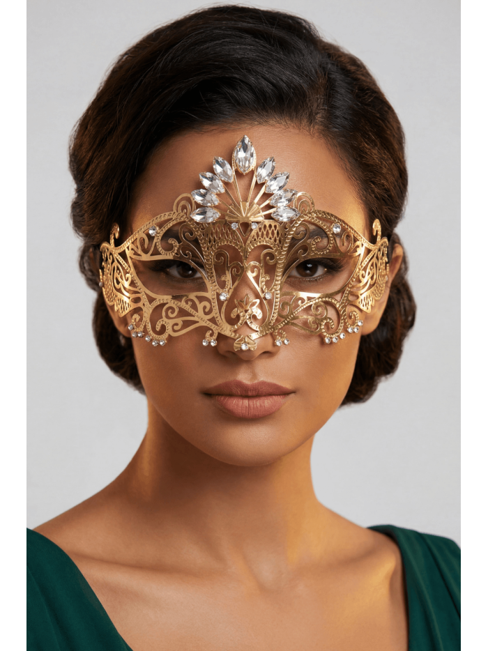 Masque vénitien Gemma rigide doré avec strass 