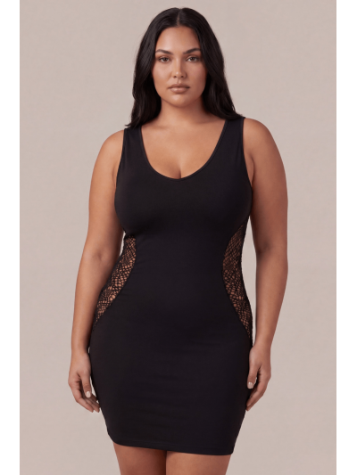 Robe noire avec ouverture filet sur les côtés -  Léa 