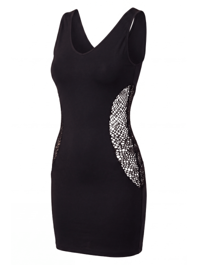 Robe noire avec ouverture filet sur les côtés -  Léa 