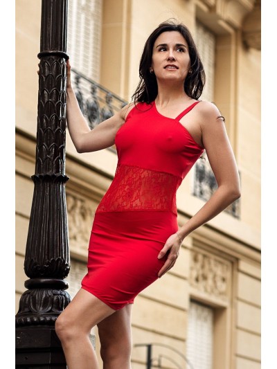 Robe rouge asymétrique avec dentelle Paola 
