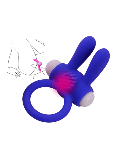 Anneau vibrant silicone bleu avec oreilles de lapin 